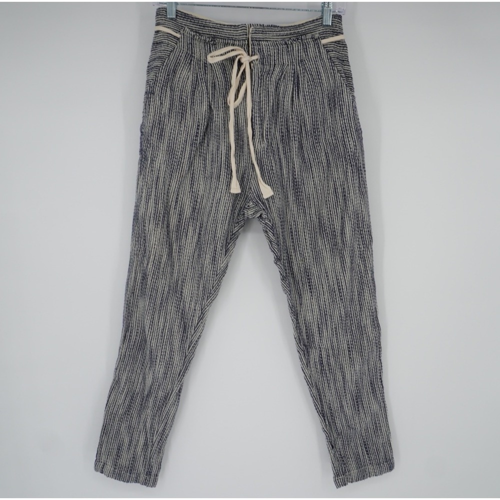 Free People Striped Textured Cotton Drawstring Tapered Pants Navy Cream Size 2